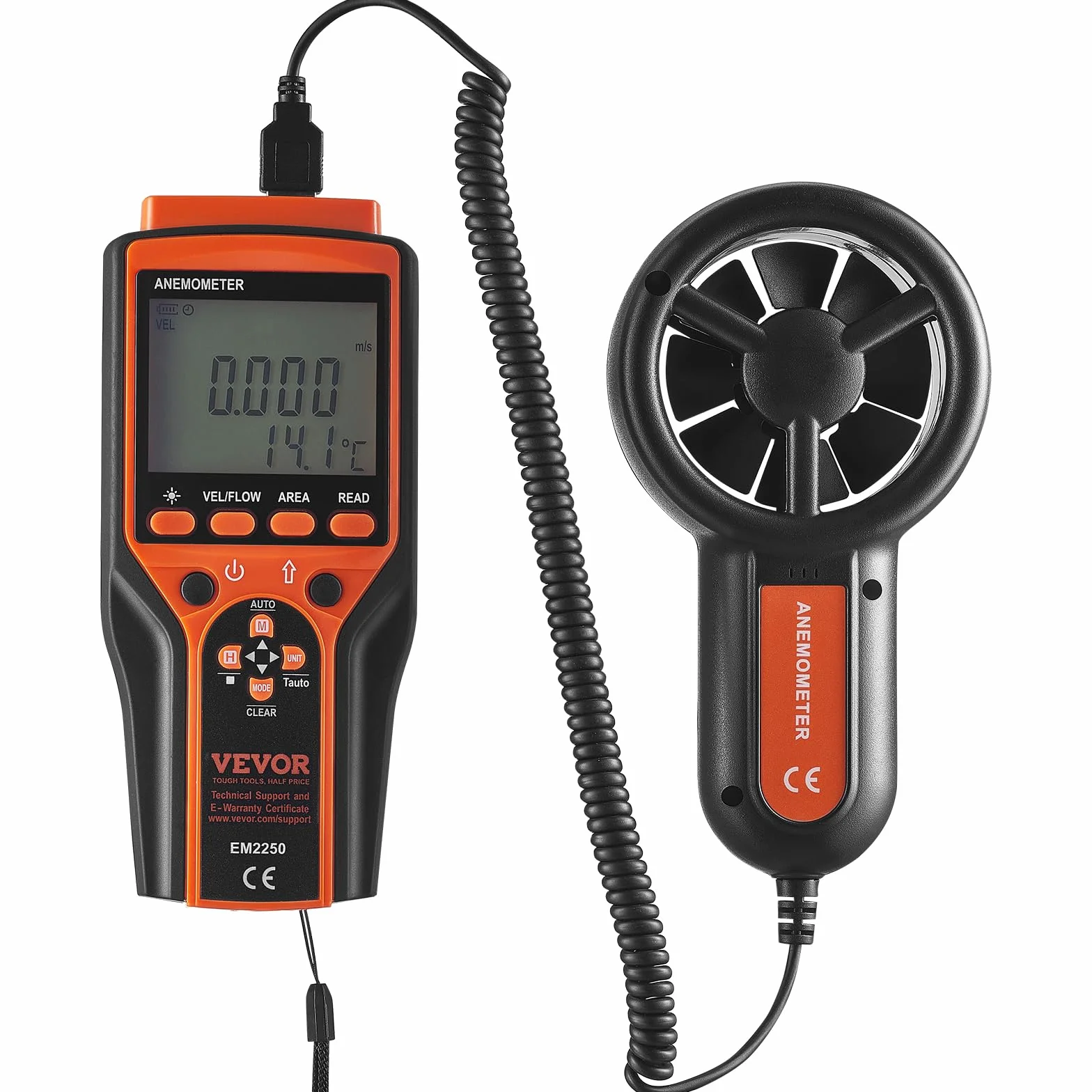 VEVOR Anémomètre Portable -10℃ à 60℃ Numérique Vitesse du Vent CFM Mesure Température Flux d'Air Refroidissement Éolien Écran Rétroéclairé LED